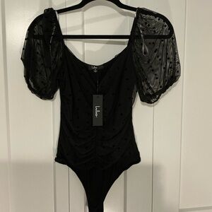 Lulu's Black Polka Dot Sheer Sleeve Bodysuit